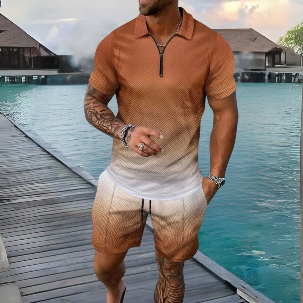 Men's Caramel Gradient Collared Neck Top & Shorts Resort Outfit